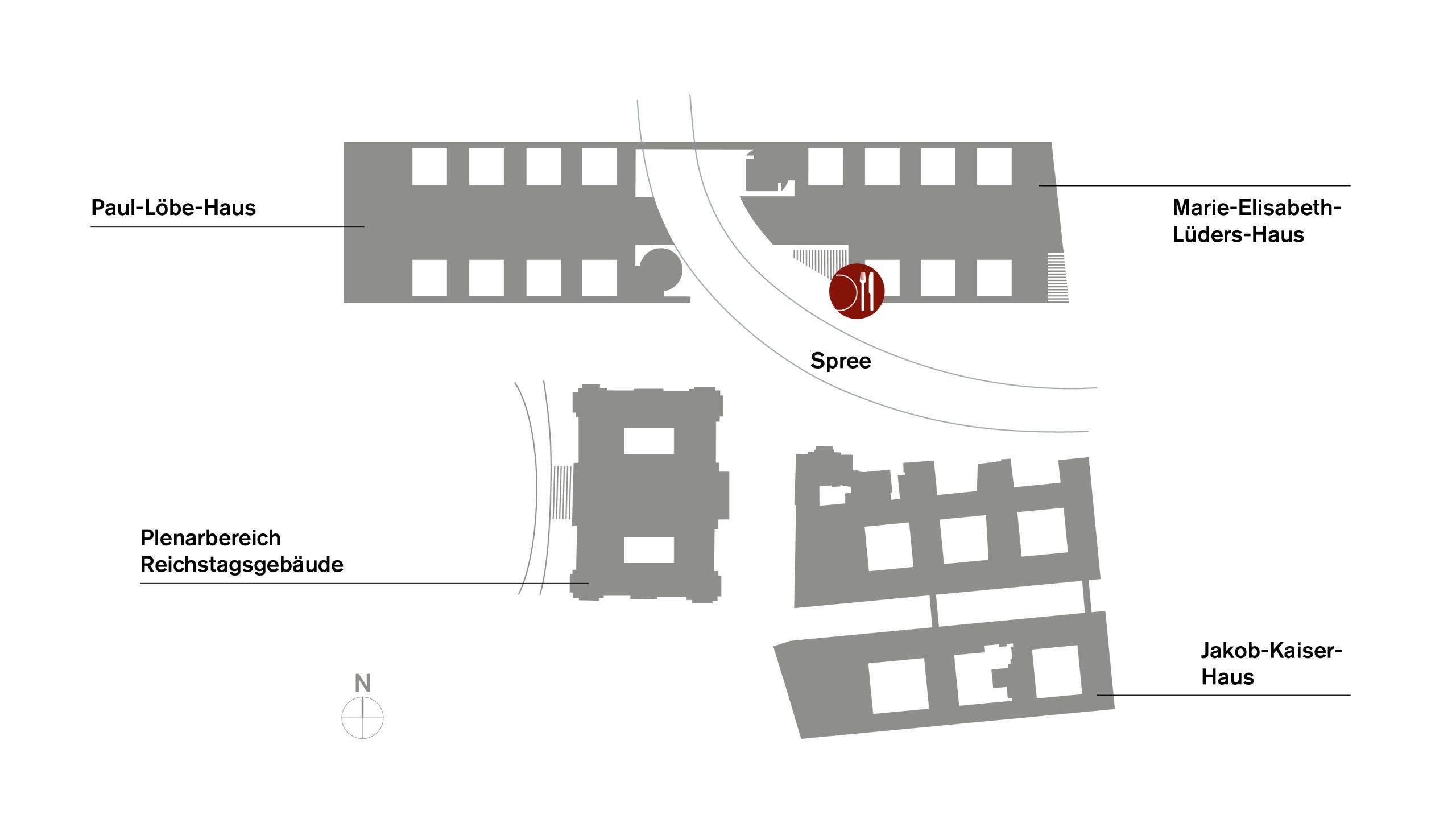 Lageplan der Gebäudde am Spreebogen mit Marie-Elisabeth-Lüders-Haus, Bistro Marie, Paul-Löbe-Haus und Jakob-Kaiser-Haus und dem Plenarbereich Reichstagsgebäude.