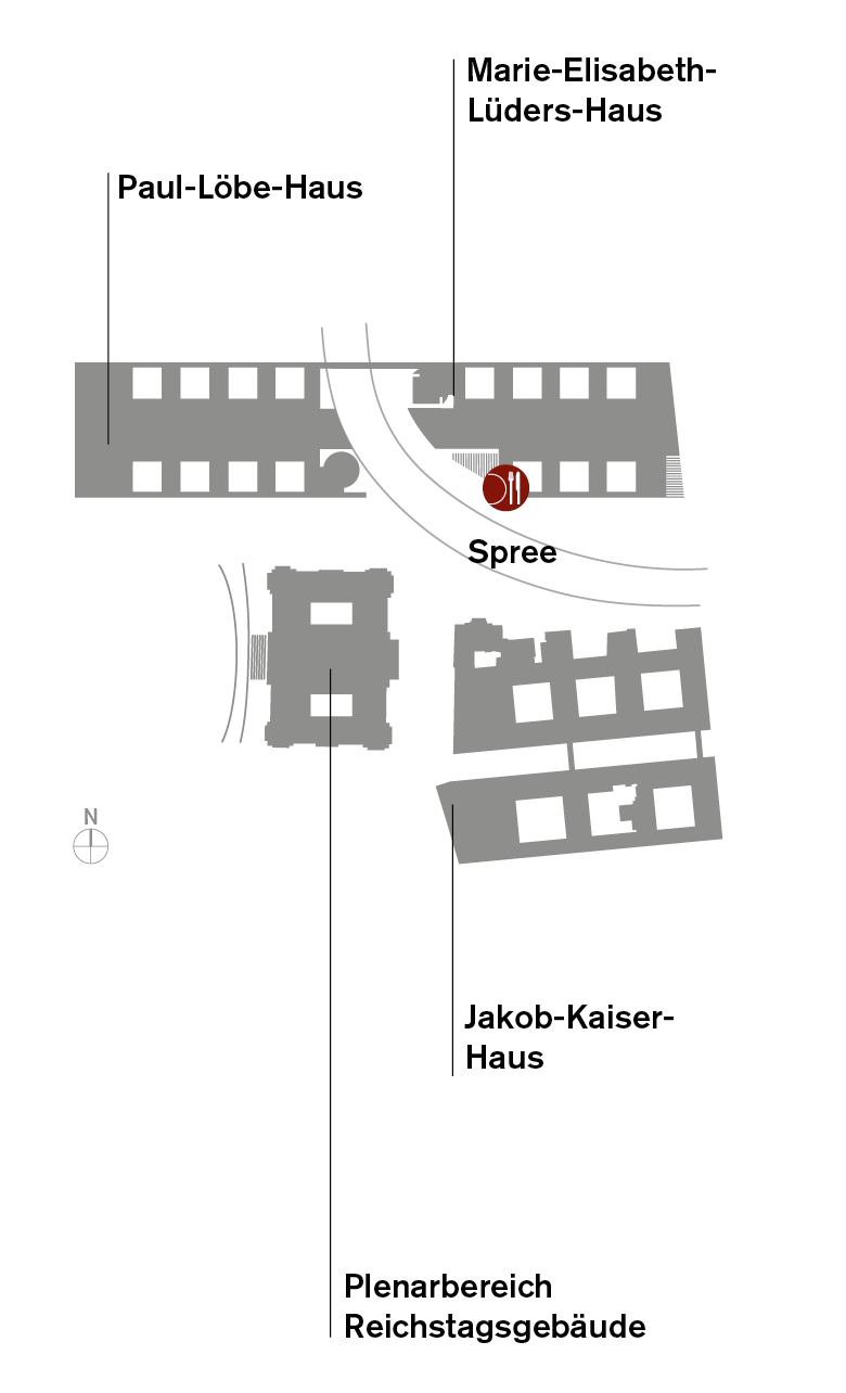 Lageplan der Gebäudde am Spreebogen mit Marie-Elisabeth-Lüders-Haus, Bistro Marie, Paul-Löbe-Haus und Jakob-Kaiser-Haus.